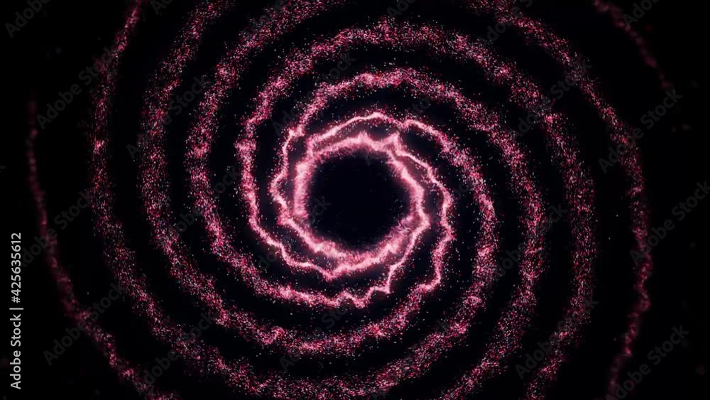 Poster glowing spiral moves on black background. animation. glowing particles twist into spiral and transfo