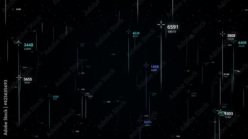 Aufkleber glowing lines with numbers on black background. animation. abstract stars or comets in cyberspace wi