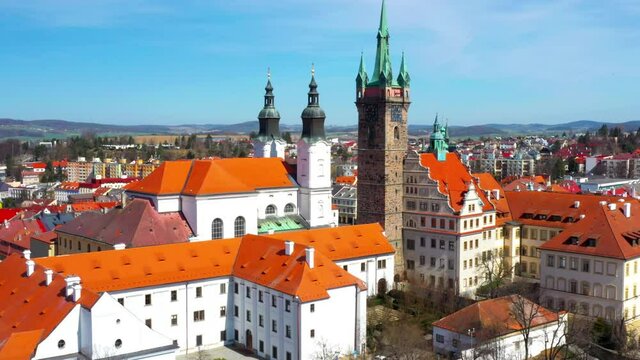 Aerial view to historic center of Klatovy town. Medieval city from 13th century. It has about 22,000 inhabitants. Amazing tourist destination near National park Sumava. Czech Republic, Central Europe.