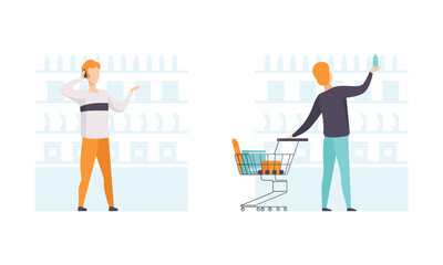 Men Shopping in Supermarket Set, People Buying Products in Grocery Store Flat Vector Illustration