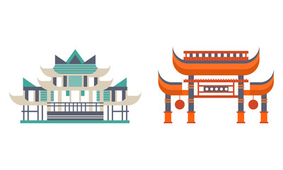 Fototapeta premium Asian Traditional Buildings Set, Ancient Eastern Cultural Objects, Pagoda Palace Traditional Temple Facades Flat Vector Illustration