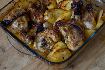 Grilled chicken breast with vegetables. Chicken and potatoes on a plate. Chicken and potatoes in protvin