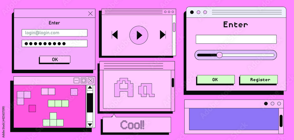 Aufkleber Set of flat retrowave UI and UX elements: dialog box, tab, button, modal window.