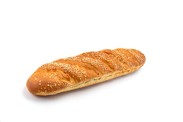 Baguette sprinkled with sesame seeds with an appetizing crust on a white background