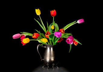 Colorful Tulips Isolated on a Black Backdrop in Brass Vase