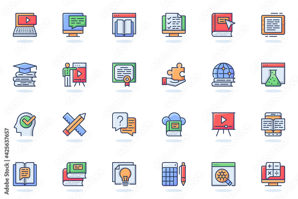 Leinwandbilder Online education web flat line icon. Bundle outline pictogram of online tutorials, training courses, reading e-books, distant learning concept. Vector illustration of icons pack for website design