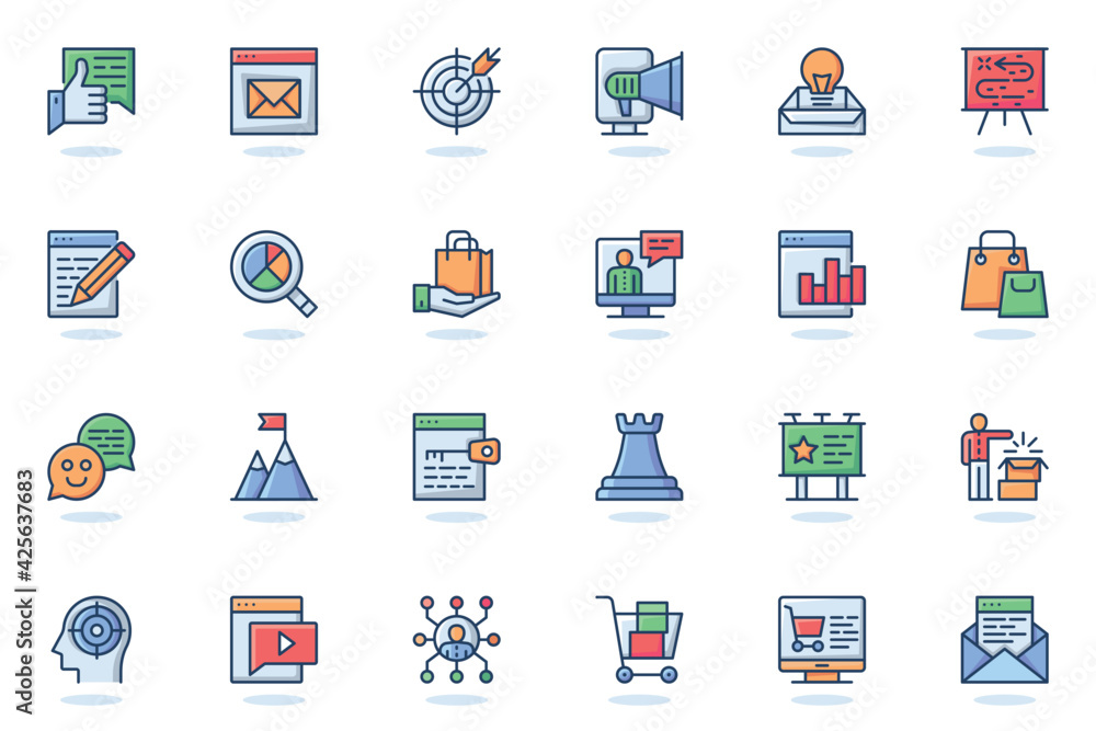 Fototapete digital marketing web flat line icon. bundle outline pictogram of target, newsletter, attracting new