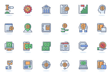 Online banking web flat line icon. Bundle outline pictogram of online paying, loan, investment, transaction, money transfer, savings concept. Vector illustration of icons pack for website design