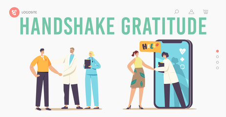 Patient Gratitude Doctors with Shaking Hand Landing Page Template. Medicine Consultation, Smart Medical Technologies
