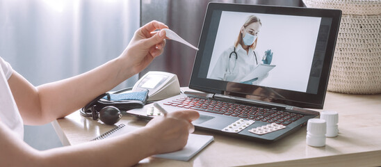Online Medical insurance. telemedicine, telehealth,patient enters into a contract policy for medical care online, remotely. Medicine online in coronavirus covid 19, lockdown, quarantine.vaccination