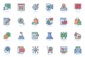 Digital marketing web flat line icon. Bundle outline pictogram of target, newsletter, attracting new customers, data analytics, business concept. Vector illustration of icons pack for website design