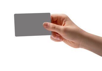 The right hand holds a plastic card on a white background.