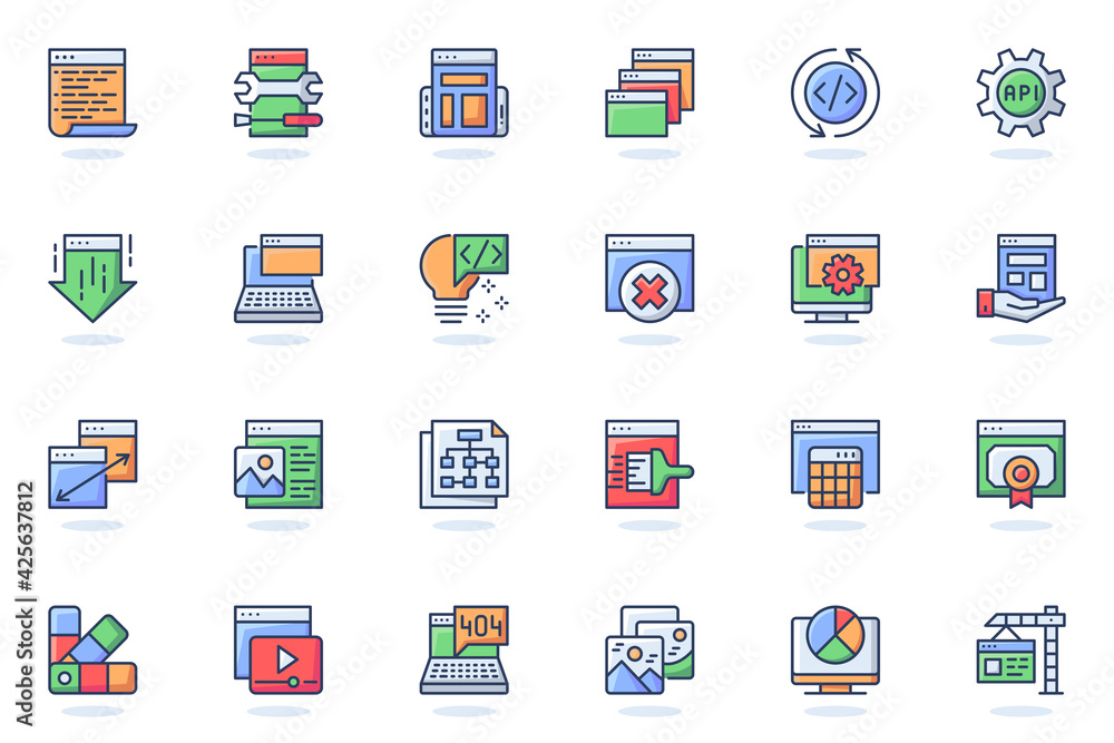 Poster web development flat line icon. bundle outline pictogram of coding , interface elements, settings, s