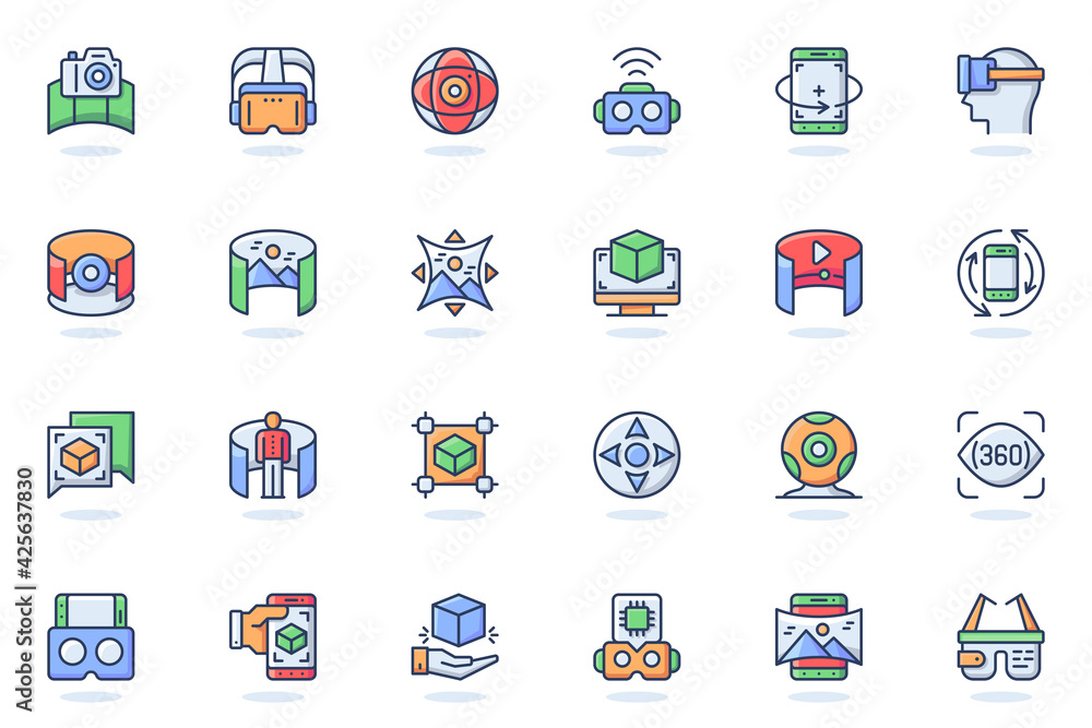Poster Virtual reality web flat line icon. Bundle outline pictogram of VR glasses, virtual simulation, 360 panoramic view, interactive game concept. Vector illustration of icons pack for website design