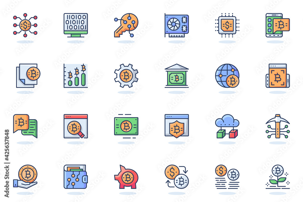 Aufkleber Bitcoin mining web flat line icon. Bundle outline pictogram of coin, gold, digital money, video card, electronic key, blockchain tech concept. Vector illustration of icons pack for website design