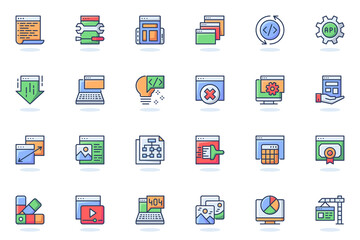 Web development flat line icon. Bundle outline pictogram of coding , interface elements, settings, site building, content, page navigation concept. Vector illustration of icons pack for website design