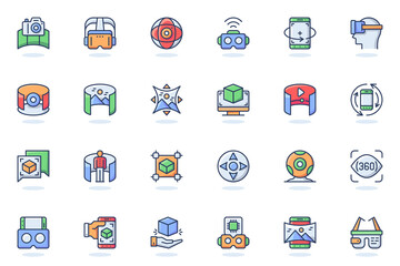 Virtual reality web flat line icon. Bundle outline pictogram of VR glasses, virtual simulation, 360 panoramic view, interactive game concept. Vector illustration of icons pack for website design
