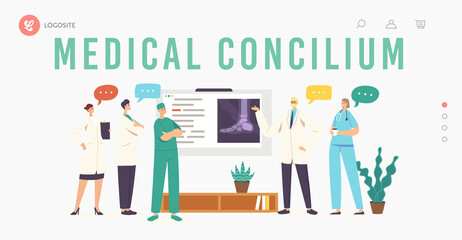 Medical Concilium Landing Page Template. Doctors in Chamber with Patient Broken Leg X-Ray on Screen, Clinic Staff Meet