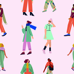 Seamless pattern and hand drawn texture. Pretty girls posing in different poses. Flat illustration. Design for poster, card, invitation, placard, brochure, flyer, web.