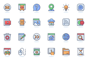 Website UI web flat line icon. Bundle outline pictogram of development, site content, buttons, seo optimization, programming process concept. Vector illustration of icons pack for website design