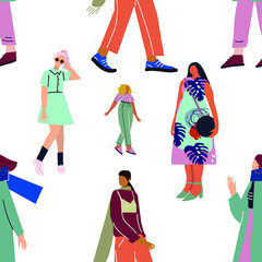 Seamless pattern and hand drawn texture. Pretty girls posing in different poses. Flat illustration. Design for poster, card, invitation, placard, brochure, flyer, web. Transparent background