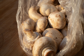 Fresh healthy brown mushrooms with very shallow depth of field. Mushrooms and champignons on the table. Mushrooms on the table top view