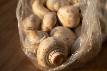 Fresh healthy brown mushrooms with very shallow depth of field. Mushrooms and champignons on the table. Mushrooms on the table top view