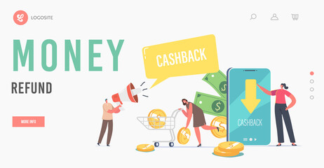Money Refund Landing Page Template. Characters Use Cashback Online App for Cash Back Service. Happy People Get Money