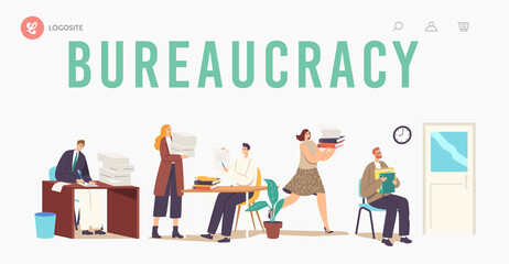 Bureaucracy, Busy Office People, Employees Deadline Rush. Landing Page Template. Characters Carry Pile of Documentation