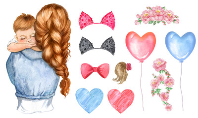 Watercolor illustration of mom with baby, balloons, flowers and hearts, red-haired woman 