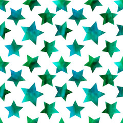 Obraz premium Stars watercolor blue green on white seamless pattern