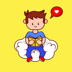 Naklejka premium A boy is reading a book. Boy is inspired of reading the book. Child studies a subject. Child likes to study. Flat vector illustration. 