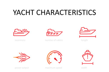 A set of yacht illustrations, icons, and boat vector graphics. The capacity of the superyacht, the width and length of the boat. Power, maximum speed, modern design icon.