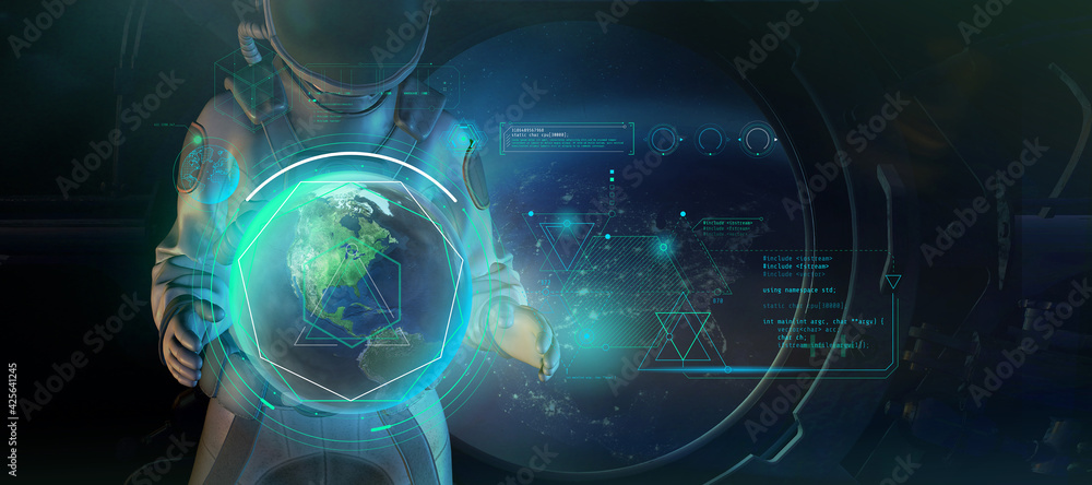 Poster an astronaut is analyzing data from the earth's orbit.