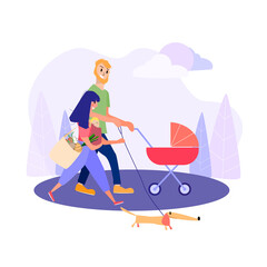 happy young parents with two children in a sling and a baby stroller walk in the park with their dog