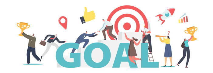 Businesspeople Men and Women Reach Target Concept. Characters Office Routine, Workers Career Boost, Start Up Project
