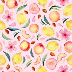 Watercolor fruit pattern on warm gray. Peaches, medlar and lemons handdrawn fresh fruts, leaves and flowers. Colorfull bright summer pattern for design textile, wallpapers, print and banners.