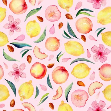 Watercolor fruit pattern on warm gray. Peaches, medlar and lemons handdrawn fresh fruts, leaves and flowers. Colorfull bright summer pattern for design textile, wallpapers, print and banners.