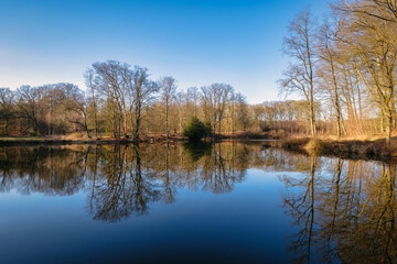 Fototapeta na wymiar Large pond at the natural reserve Springendal, an erosion valley in the moraine of Ootmarsum (Twente) also known as The garden of the Netherlands. It's near the village Ootmarsum and German border