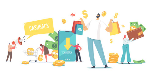 Cash Back Concept. Happy People Getting Money Refund for Shopping and Purchasing in Store. Characters Use Cashback App
