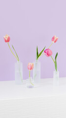Fuchsia colored tulips in mate glass vases on violet background. Simple home decor idea with bud vases. Trendy floral arrangement. Easter template, springtime, women's day, mother's day. Vertical size