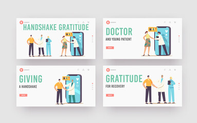 Naklejka na ściany i meble Patient Gratitude Doctors with Shaking Hand Landing Page Template Set. Medicine Consultation, Smart Medical Technologies