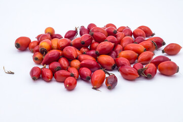 Rosehip on a white background. Medicinal berries. Wild rose. Hip bush.