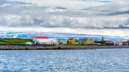 colorful wooden houses on the remote island of Vigur, on the Icelandic north western coast