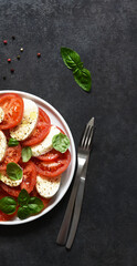 Caprese is a tomato and mozzarella appetizer. Traditional Italian salad on a concrete background with space for text.