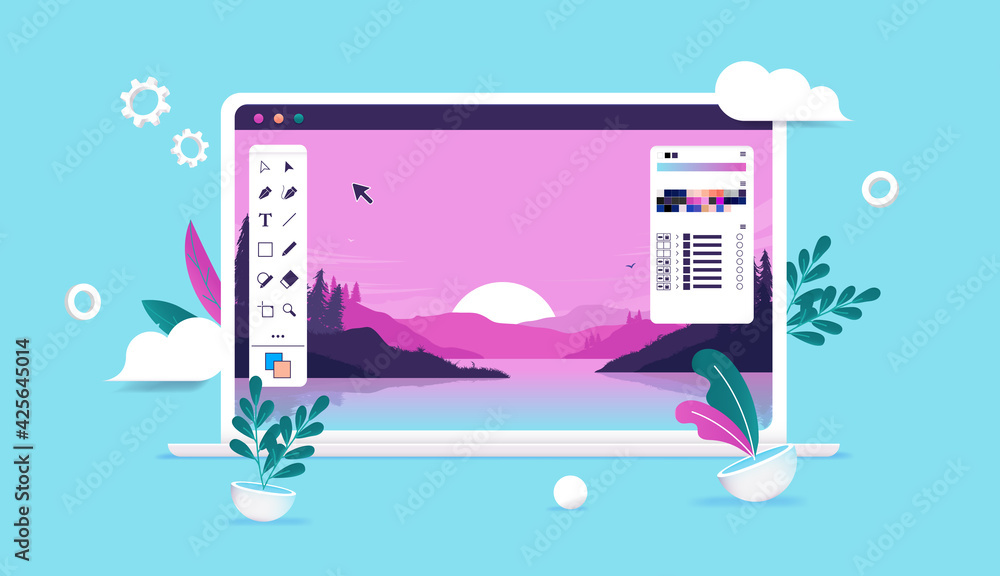 Poster Photo editing illustration - Computer with photo software, nature image and user interface and tool bars. Vector illustration.
