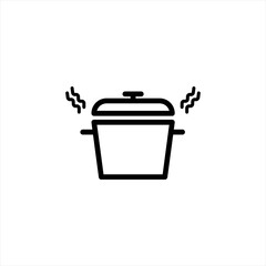 pan, saucepan, pot, casserole, cooker, stewpan with boiling water and closed pan lid vector isolated Cooking icon. Steaming pot linear icon