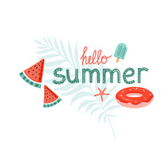 Summer illustration inscription hello summer on a white background. Illustration for poster, bunner, cards, stickers, fabric, print,