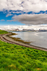view of the north western coast of Iceland near the town of Isafjordur during summer season