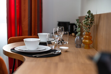 Modern interior of a small hotel room. Designer furniture. Minimalism.